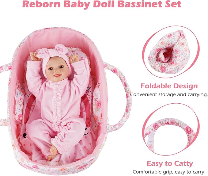 BABESIDE 3 Pcs Baby Doll Bassinet with Baby Doll Bedding Set for 17-22 Inch Dolls, Floral Patterns Babydoll Crib and Blanket for Lifelike Reborn Dolls Accessories, Pink