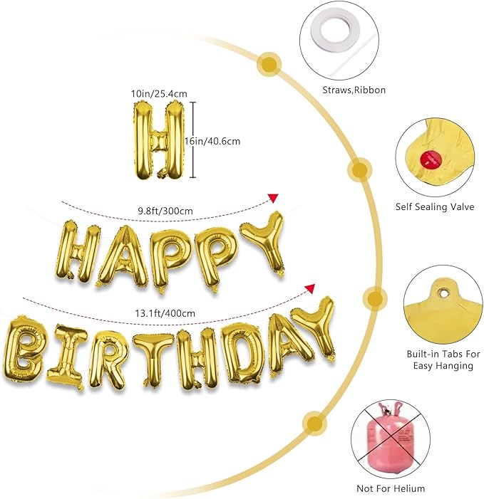 Gold Happy Birthday Balloons Banner 16 Inch Mylar Foil Letters, Inflatable Party Decor and Birthday Decorations for Women, Men, Boys & Girls Kids and Adults, Reusable, Party Supplies