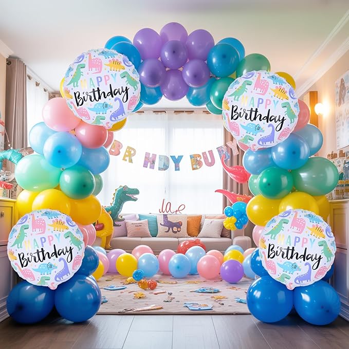 18" Dinosaur Balloons for Party Decorations, 4pcs Colorful Mylar Round Dinosaur Balloon, HAPPY Birthday Dino Foil Balloons for Kids Jungle Dino Themed Baby Shower Birthday Party Decor Supplies