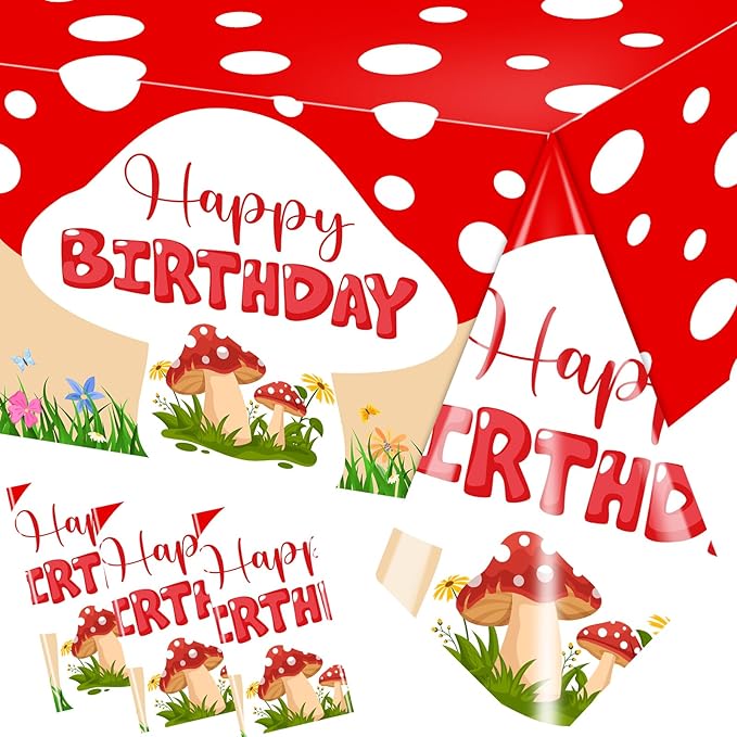 Mushroom Birthday Party Decorations, 3PCS Mushroom Tablecloth Plastic Table Cloth for Mushroom Party Decorations