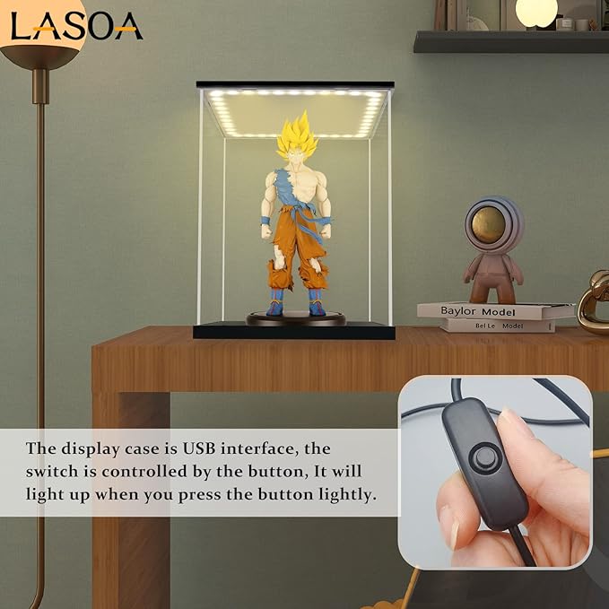 LASOA Acrylic Display Case for Collectibles with LED Light, Alternative Glass Display Box with Black Base and Lid, Self-Assembly Clear Storage Showcase for Memorabilia (9.8x7.9x9.8inch;25x20x25cm)