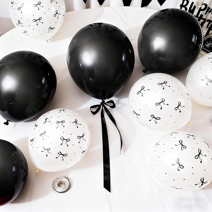 Black and White Bow Balloons, Pearl Black White Bow Print Latex Balloons for Women Girls Coquette Birthday Bachelorette Wedding Bridal Shower Engagement Anniversary Party Decorations