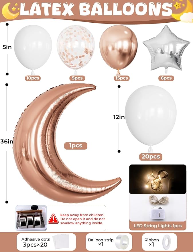 Rose Gold and White Balloons - Retirement Balloons with String Lights Moon and Star Balloon Rose Gold Party Decorations for Women Baby Shower Twinkle Twinkle Little Star Gender Reveal Party Supplies
