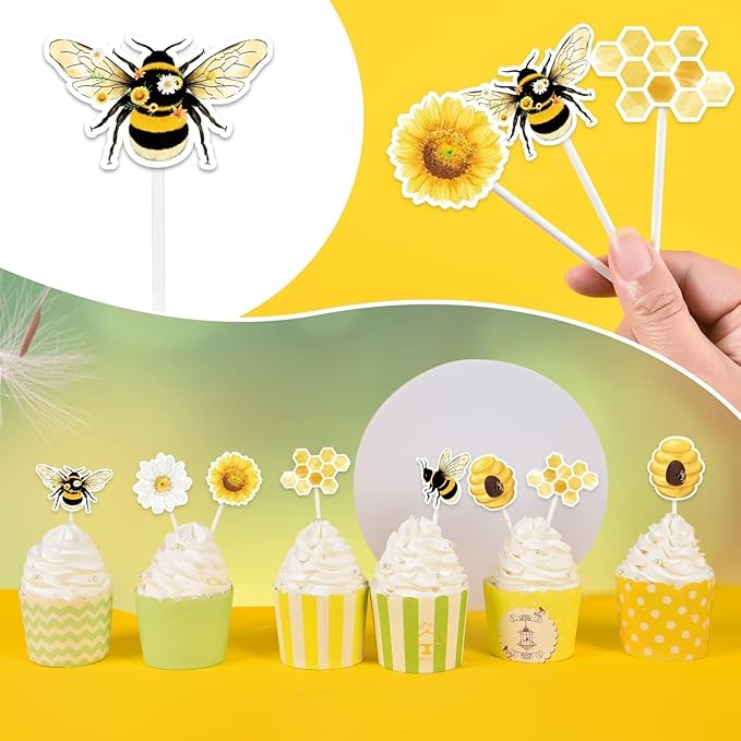 WERNNSAI 36 PCS Bee Cupcake Toppers - Bumble Bee Cake Decorations Honeycomb Cake Toppers Sweet Birthday Party Decorations for Kids Birthday Baby Shower Supplies