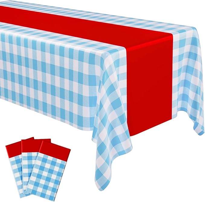 Blue and White Plaid Runner Tablecloth 54 x 108 Inch Wall Backdrop Waterproof Rectangle Disposable Cover, Princess Decorations Party Supplies for Halloween Cosplay Party(Blue, Red, 3 Pcs)