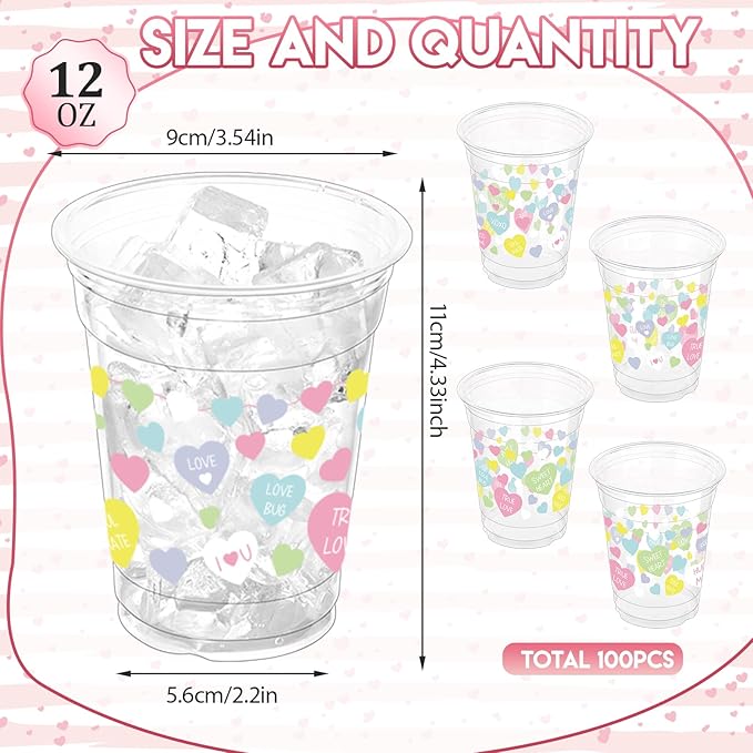 100 Pcs Color Heart Theme Plastic Cups,12oz Valentine's Party Drinking Cup Romantic Heart Valentines Disposable Clear Cups for Anniversary Wedding Valentine's Party
