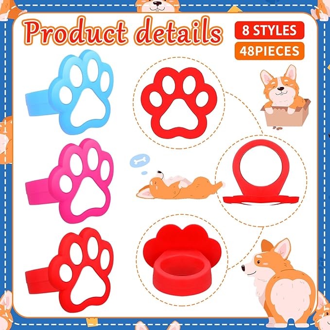 48 Pcs Paw Dog Cupcake Rings Toppers Decorations Orange Blue Red Yellow Paw Dog Theme Birthday Cupcake Rings Decorations for Puppy Baby Shower Party Supplies(White, Black)