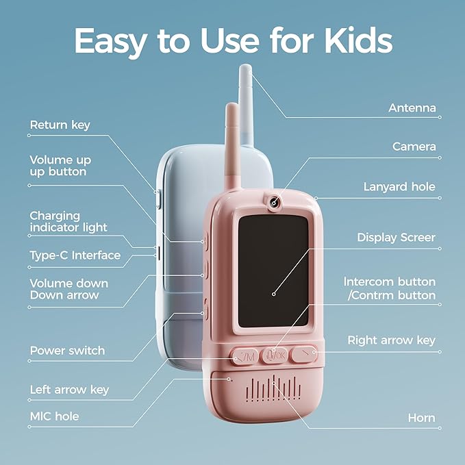 Video Walkie Talkies for Kids, Rechargeable Kids Walkie Talkies 2 Pack with Screen for Boys & Girls Ages 3-12, Birthday Christmas Toys Gifts for Family Games, Outdoor Play, Camping (Blue & Pink)