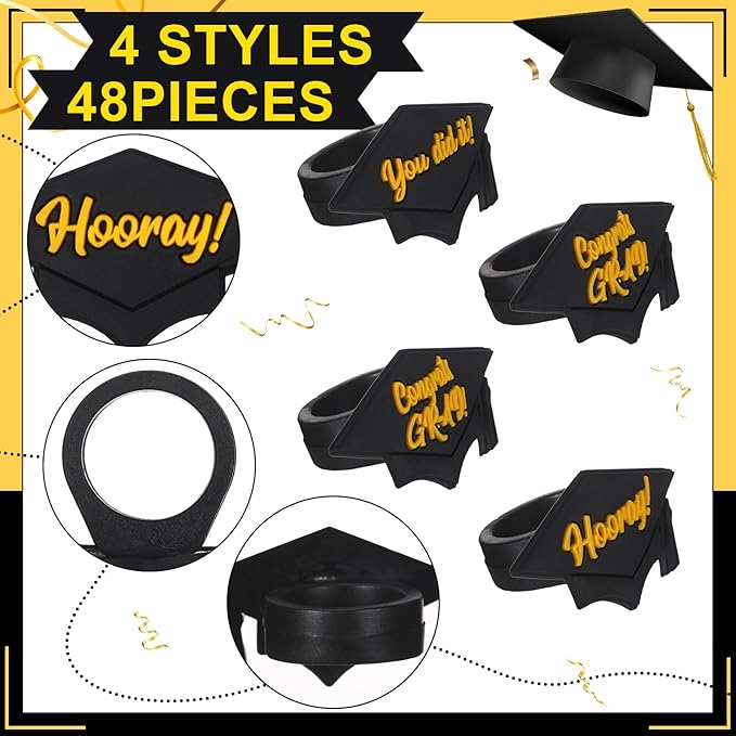 Chuangdi 48 Pieces Graduation Hat Sayings Cupcake Rings 2026 Congrats Grad Cupcake Toppers Rings Black Hat Cake Decorations for Graduation Party Supplies, 4 Styles