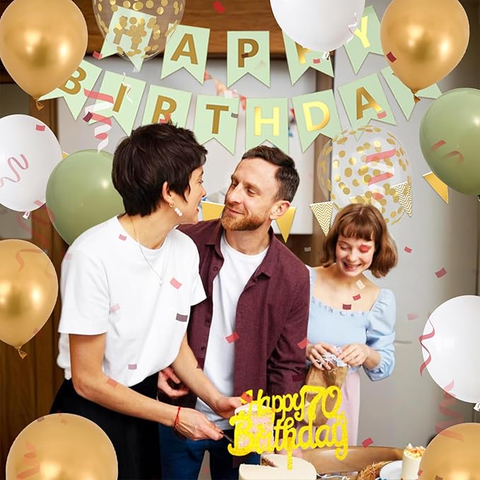 70th Birthday Decorations for Men Women, gold green Happy Birthday Party Decorations With Number 70 Balloons sage green Gold Confetti balloons Fringe Curtain Cake Topper For 70th Party Supplie
