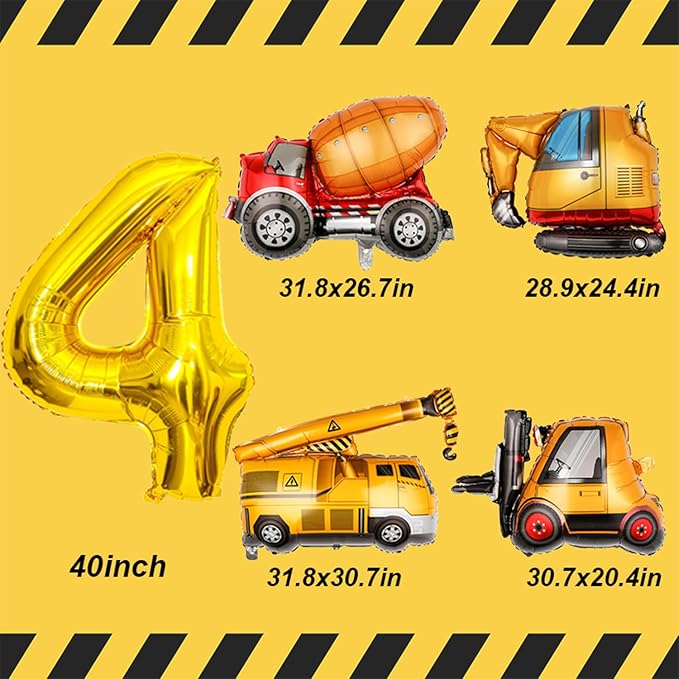 Construction Birthday Party Supplies 4 Year Old, Large Construction Balloons 40Inch Gold Number 4 Balloon Construction Truck Foil Balloons for Boys 4th Construction Birthday Party Decorations