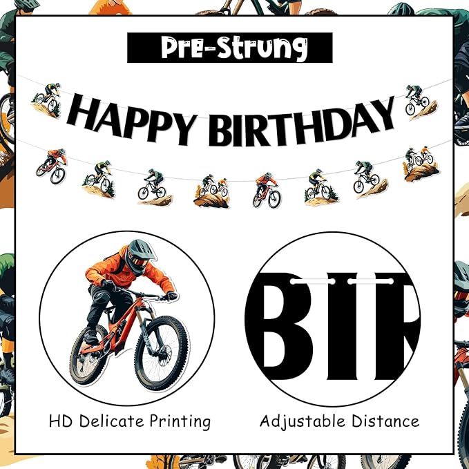 JOYMEMO Mountain Bike Birthday Banners, BMX Bicycle Birthday Decorations for Teens Adults, Sports Racing Bikes Theme Party Supplies Pre-strung
