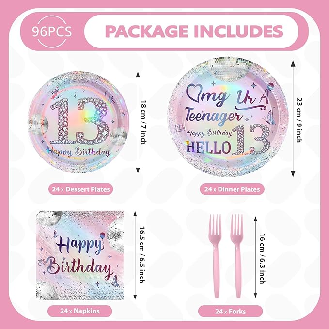 96Pcs 13th Birthday Party Decorations for Girls Teenager Plates and Napkins Iridescence Silver Pink 13th Tableware for Teenager Girls Thirteen Birthday Party Decorations Serve 24