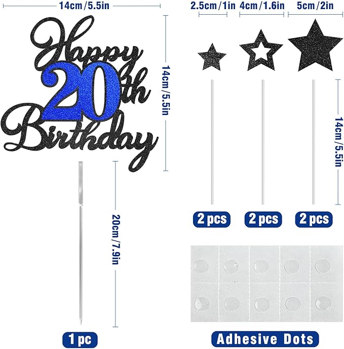20th Birthday Cake Topper, Black Blue Happy 20th Birthday Cake Toppers for Boy Girl, 20 Years Old Birthday Party Supplies, Glitter Cake Decor, 20th Birthday Cake Decorations