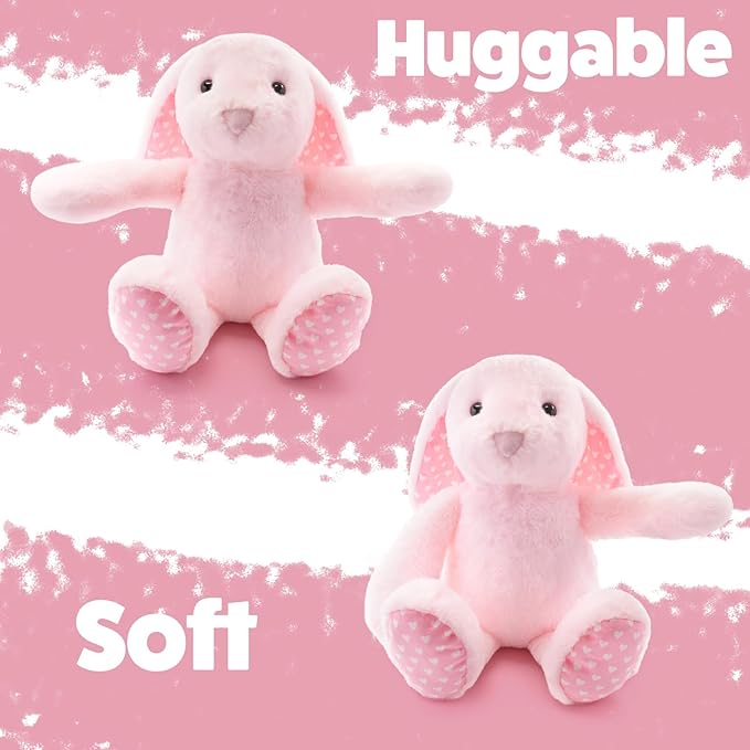 Pink Rabbit Bunny Stuffed Animal Plush Toys with Floppy Ears & Heart Print for Lover, Kids, Boys, Girls, Babies - Perfect Birthday Nursery Décor Easter Christmas Bedtime Gift