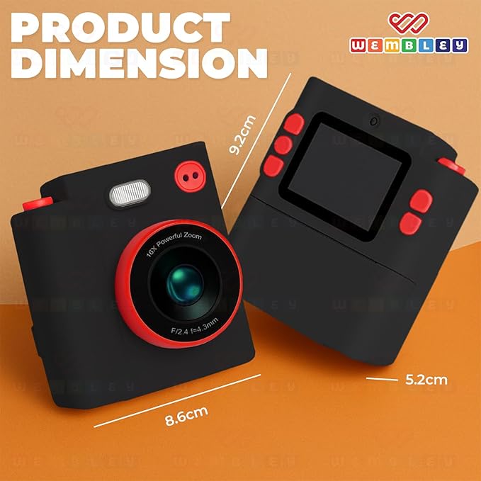 Wembley Kids Camera Instant Print | Birthday Gift Toys for Boys & Girls 3–10 Years | Unicorn Digital Dual Lens Toddler Camera Thermal Printer | 48MP 1080P Selfie & Video | 16X Zoom 32GB SD Card -Black
