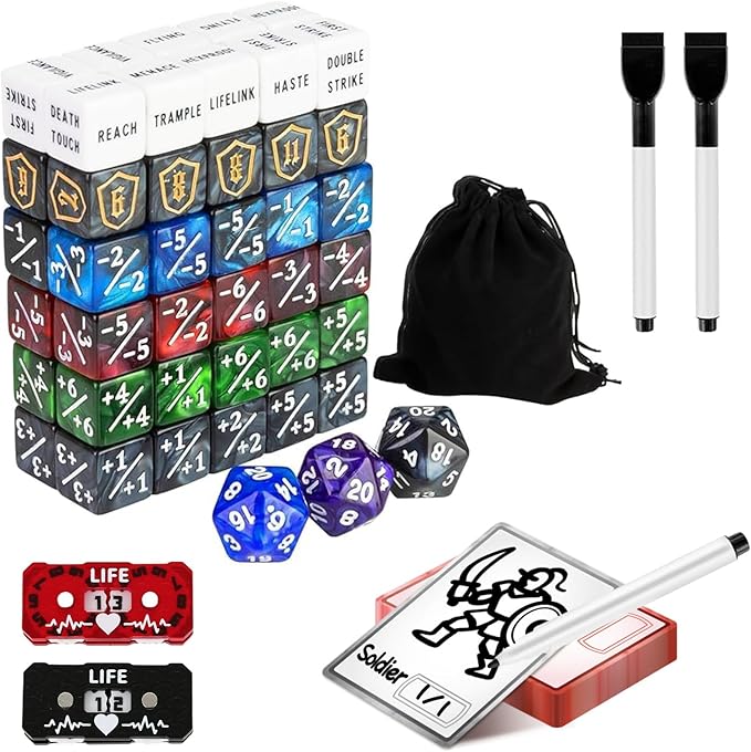 149-Piece MTG Dice Set with Dry Erase Tokens Kit Includes 50 Dice Counters 2 Life Counters and 80 Tokens for MTG, TCG Card Game Accessories with 2 Markers 2 Cloths