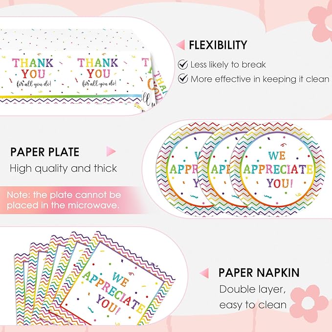 41Pcs We Appreciate You Decorations Rainbow Color Thank You Themed Tableware Set Appreciation Plates Napkins Tablecloth丨Teacher Nurse Employee Staff Pastor Volunteer Appreciation Week Decor,Serve 20