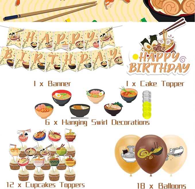 Ramen Party Decorations Japanese Noodles Birthday Decorations Includes Happy Birthday Banner Cupcake Toppers Cake Topper Spirals Balloons for Ramen Noodles Party Supplies