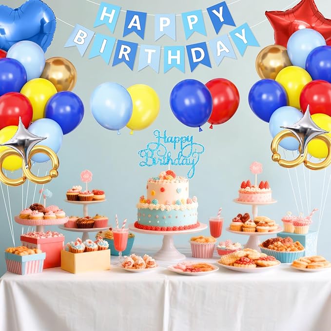 Red Blue Yellow Gold Birthday Decorations,Carnival Circus Party Balloons Banner Cake Topper Star Heart Foil Balloon for Baby Shower Carnival Party