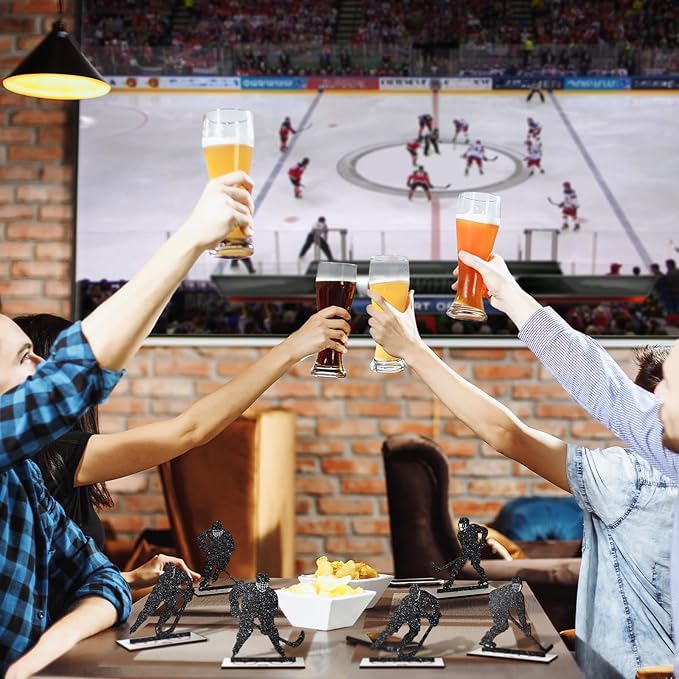 6 Pcs Hockey Party Table Decoration Wooden Sports Table Sign Glitter Ice Hockey Players Silhouette Centerpieces Ice Puck Tiered Tray Decor for Fans Club Sport Birthday Tailgate Party Supplies