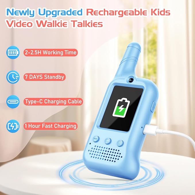 2 Pack Video Walkie Talkies for Kids, Rechargeable Kids Walkie Talkies with HD Camera & Voice Changer Long Range Video Intercom Toys Boys Girls Birthday Gifts for Family Games Outside Camping Hiking