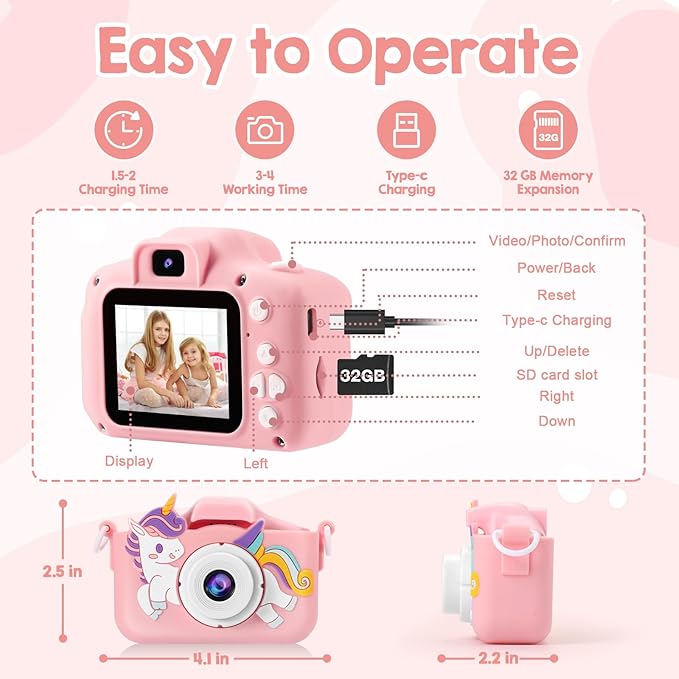 Kids Camera, Toys for Age 3-9 Year Old Toddler Digital Camera, Girls Christmas Birthday Gifts, Selfie Camera with Cartoon Soft Silicone Cover and 32GB Card (Sakura Pink)