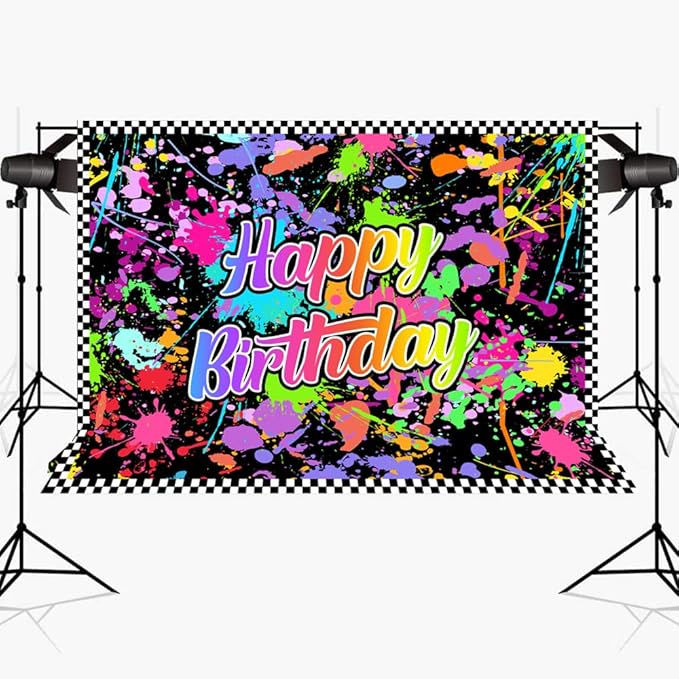 Lofaris Neno Glow in The Dark Birthday Party Photography Backdrops Colorful Graffiti Splash Paint Background Slime Happy Birthday Black Light Sleppover Party Banner Decor for Kids Birthday Supplies