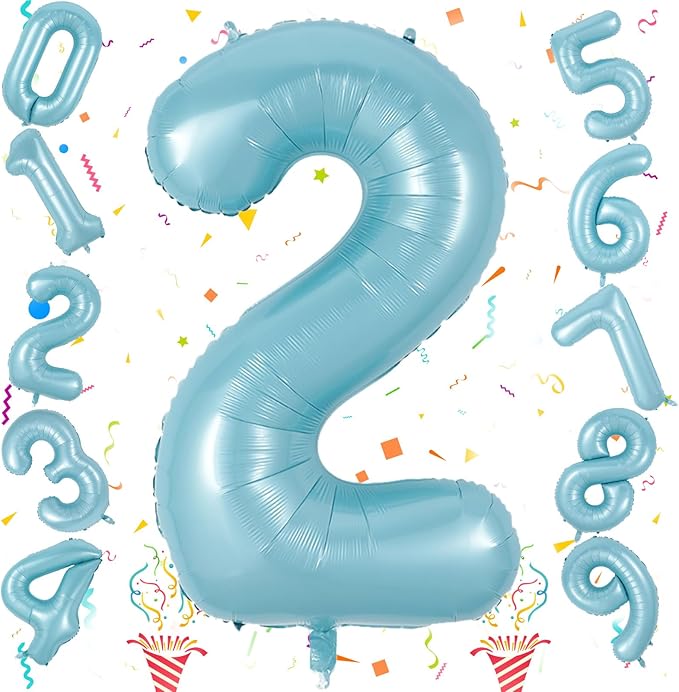 40 Inch 2nd 20th Birthday Number Balloon, Baby Blue Foil Giant Self Inflating Balloons, Light Blue Helium Number Balloons for Boys Kids Happy Birthday Party Anniversary Party Decoration Supplies