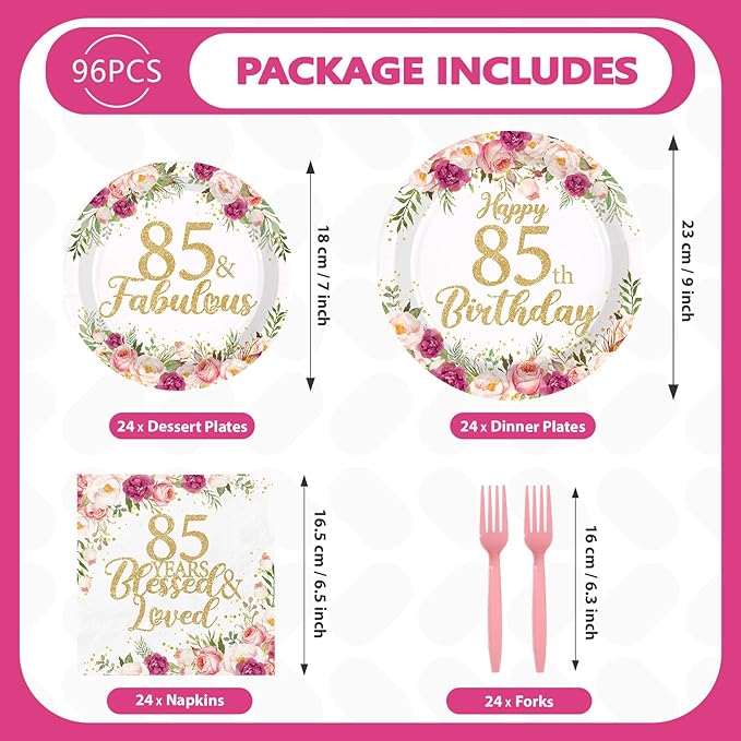 96Pcs 85th Birthday Decorations for Women Rose Gold Floral Party Plates and Napkins Disposable 85th Birthday Gifts Tableware Set for Women Fabulous Party Decorations Serves 24