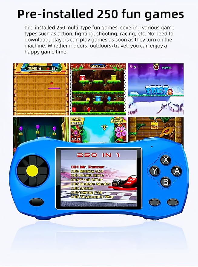 3.0" Sports car Shape Handheld Game Console Built-in 250 Action/Fighting/Sports/Racing/Puzzle Retro Video Games Kid's Portable Electronic Puzzle Toy Children's Birthday (Blue)