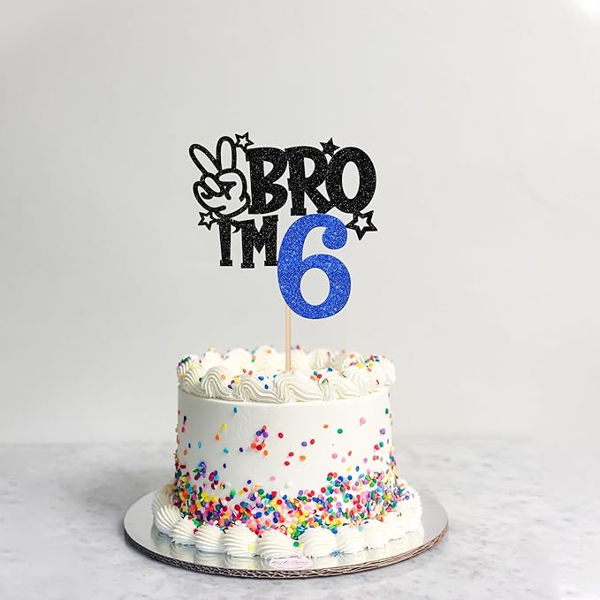 1 PCS Brother I'm 6 Cake Topper Glitter Star Happy 6th Birthday Cake Pick Bro I'm 6 Cake Decoration It's My 6th Birthday Decorations for Boys Cheers to 6 Years Old Birthday Party Supplies Blue