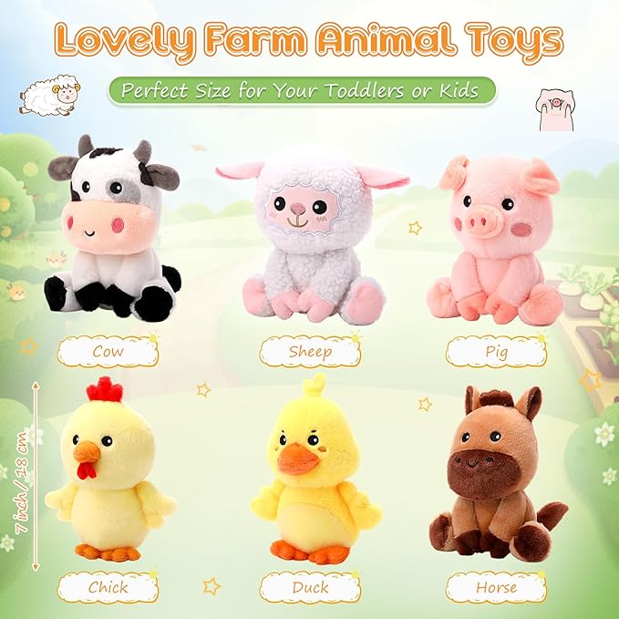 6 Pcs Farm Animals Toys 7 Inch Horse Sheep Cow Duck Chick Pig Large Stuffed Animals Bulk for Woodland Baby Showers Party Decor Birthday Gifts Classroom Teacher Student Awards