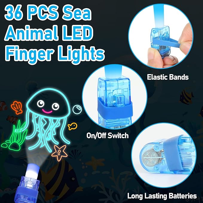 36Pcs Sea Animal LED Finger Lights Ocean Animal Party Favors Glow in the Dark Light Up Finger Lights Sea Themed Toys Bulk for Kids Birthday Party Goodie Bag Stuffer Birthday Gifts Classroom Prize