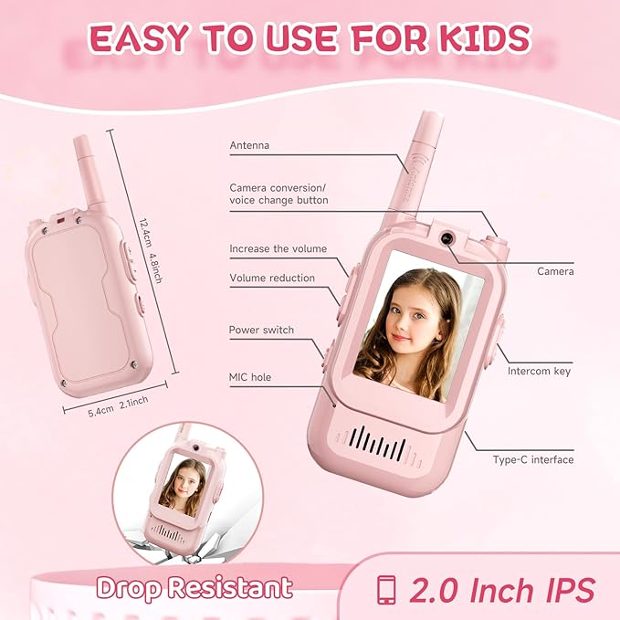 Video Walkie Talkies for Kids, Handheld 2 Pack Rechargeable Video Intercom Kids Walkies Talkies, Indoor Outdoor Toys for Family Games, Outside, Camping, Hiking for Boys Girls Ages 3-12 (Pink/Pink)