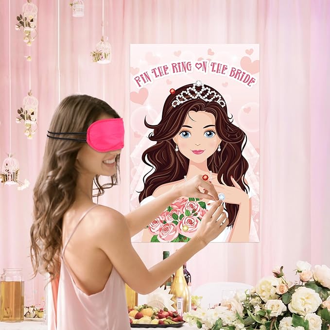 Hxezoc Pin The Ring on The Bride Game - 42 Pcs Rings, Large Bridal Games Poster for Shower, Wedding, Birthday, Carnival Party Supplies