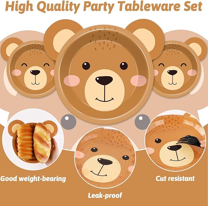 50 Count Bear Paper Plates Bear Shaped Disposable Cake Plates Brown Theme First Birthday Tableware Teddy for Gender Reveal Boy Girl Baby Shower Birthday Party Decorations
