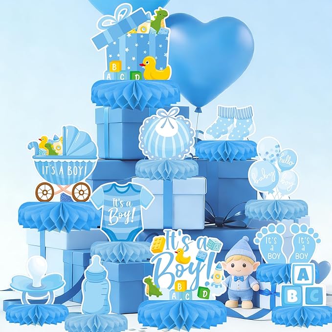 Boy Baby Shower Decorations Set - Kit with blue Honeycomb Centerpiece, Baby Reveal & Themed Table Decor for the Baby Boy Shower Decorations