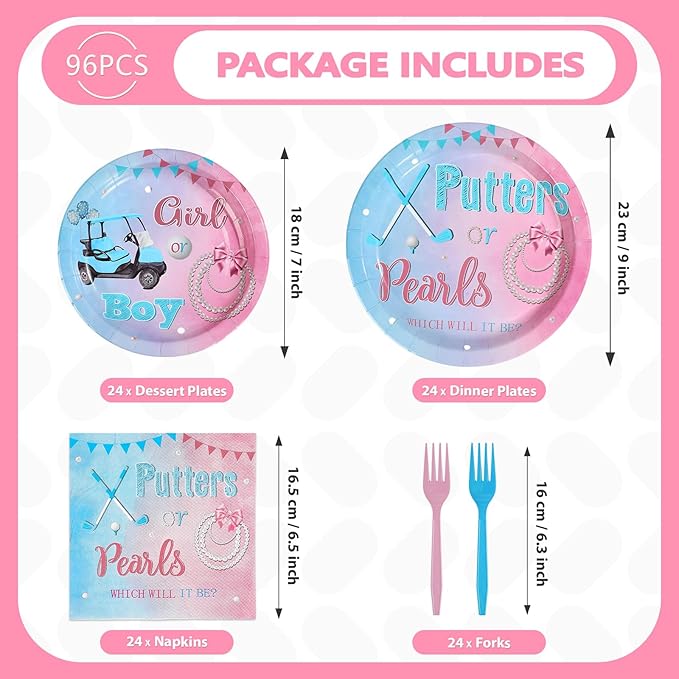 96Pcs Golf Gender Reveal Decorations Putters Or Pearls Plates and Napkins Tableware Sets Blue or Pink Decorations for Golf Theme He or She Gender Reveal Baby Shower Birthday Party Supplies Serves 24