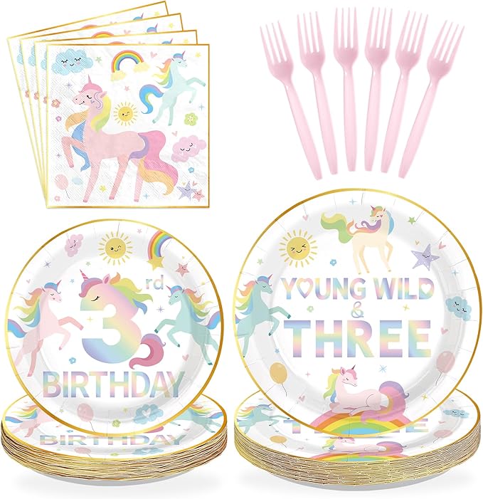 96 Pcs Magical Pastel Unicorn 3rd Birthday Party Supplies Young Wild and Three Plates and Napkins Disposable Rainbow Unicorn Tableware Set for Girls 3 Years Old Birthday Party Decorations Serves 24