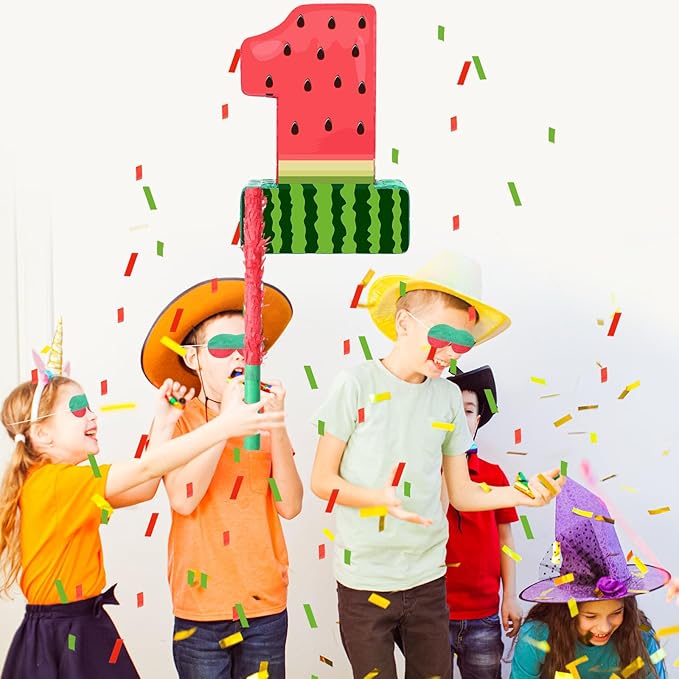 Watermelon Piñata Fruit Number 1 Red Watermelon 1st Birthday Piñata with Bat Stick Blindfold Mask Confetti for Summer Theme Summer Birthday Party Supplies (1)