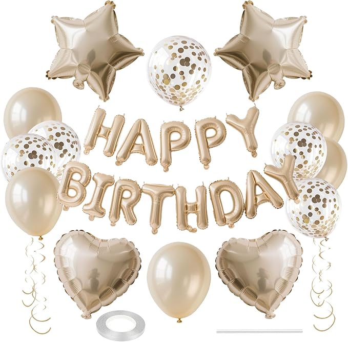 27 Pcs Champagne Gold Birthday Decorations, 3D Letters Champagne Gold Happy Birthday Balloon Banner, Pentagram Heart Foil Balloons Confetti Balloons Kit For Boys Girls Party Supplies