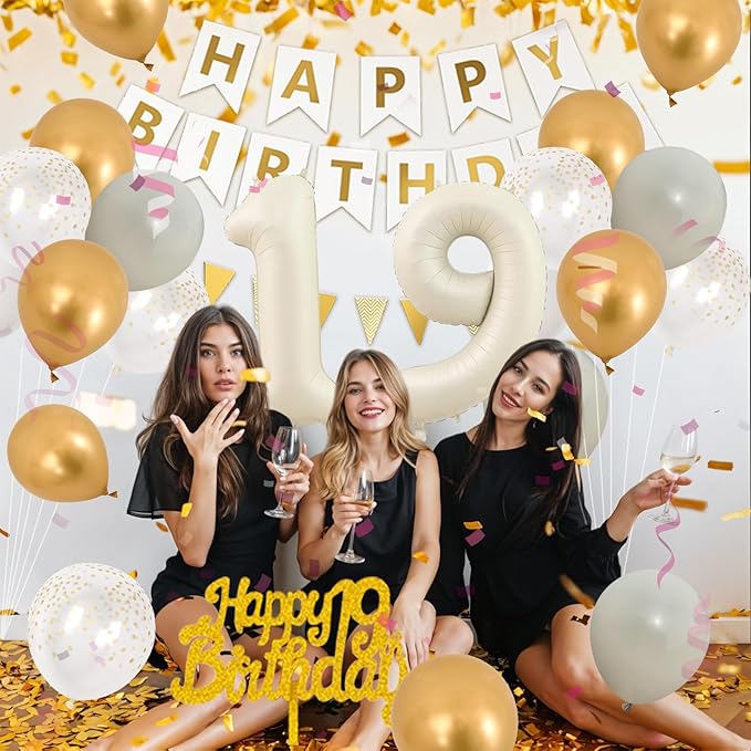 19th Birthday Party Decorations, Gold White Happy Birthday Decorations With Number 19 Balloons Beige Sand White Latex Balloon Champagne Fringe Curtain Cake Topper Banner For 19th Party Supplies