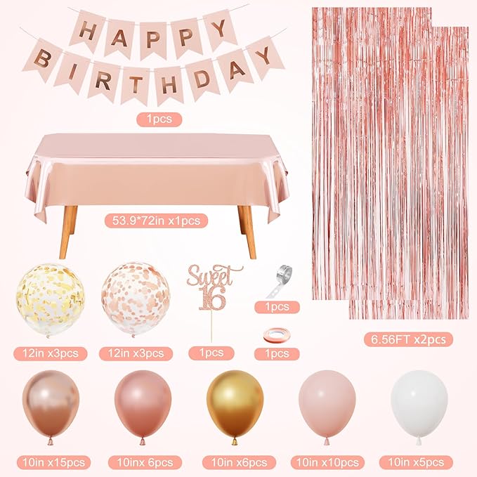 Amandir Sweet 16 Party Decorations, 16th Birthday Decorations for Girls Rose Gold Pink Foil Number Balloons Table Cloth Crown Sash Fringe Curtains Happy Birthday Banner Butterfly Party Supplies