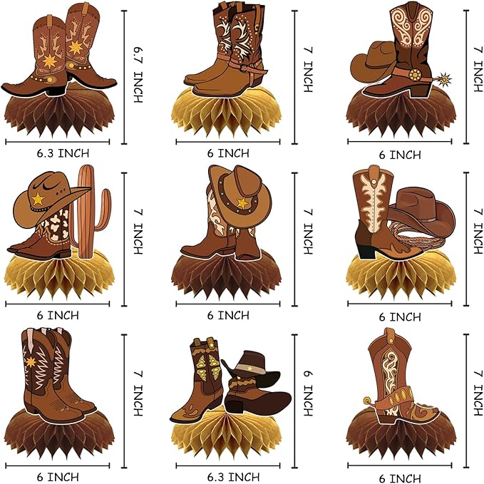 9Pcs Cowboy Party Honeycomb Centerpiece Decorations,Western Theme Table Topper Party Supplies,Brown and Gold Design,Cowboy Boots And Cowboy Hat Party Table Decor