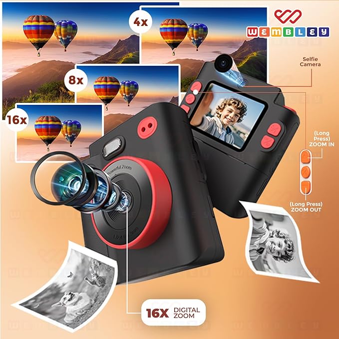 Wembley Kids Camera Instant Print | Birthday Gift Toys for Boys & Girls 3–10 Years | Unicorn Digital Dual Lens Toddler Camera Thermal Printer | 48MP 1080P Selfie & Video | 16X Zoom 32GB SD Card -Black