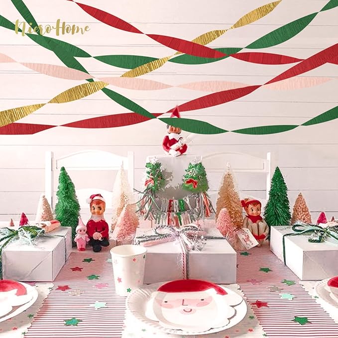 NICROHOME EUR Christmas Decorations, 8 Rolls Christmas Green Red Gold Crepe Paper Streamers for Xmas Birthday Party Wedding Baby Shower Party Decorations, 1.8 Inch x 82 Ft/Roll