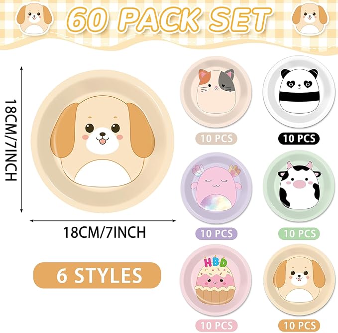 60 Pcs Animal Theme Birthday Party Decorations Cute Animals Theme Plates Pet Party Supplies Tableware Squish Kawaii Animal Plate Set Squish Animals Dinnerware for Kids Baby Shower Birthday Supplies