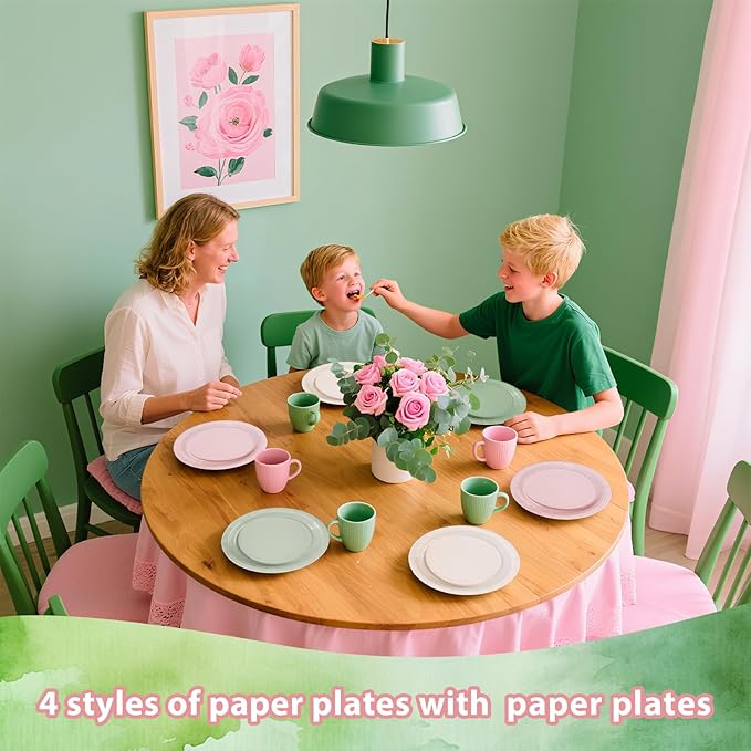 60Pcs Pink and Sage Green Birthday Paper Plates 7 Inch Disposable Heavy Duty Pink Sage Green Plates Boho Bridal Shower Party Decorations for Girls Baby Shower Wedding Bachelorette Party Supplies