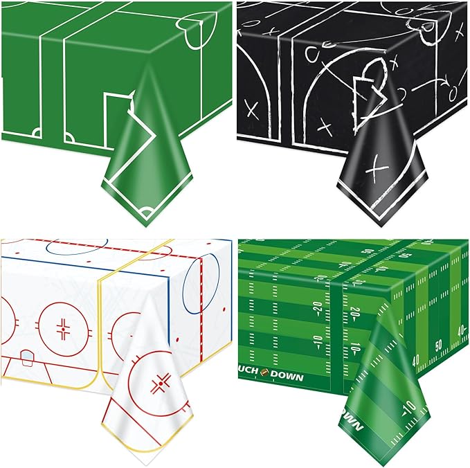 Sports Themed Party Tablecloths, Soccer Football Basketball Hockey Tablecloth for Sports Themed Decorations Boys Birthday Party Supplies, 4 Pack, 51 x 86 inch